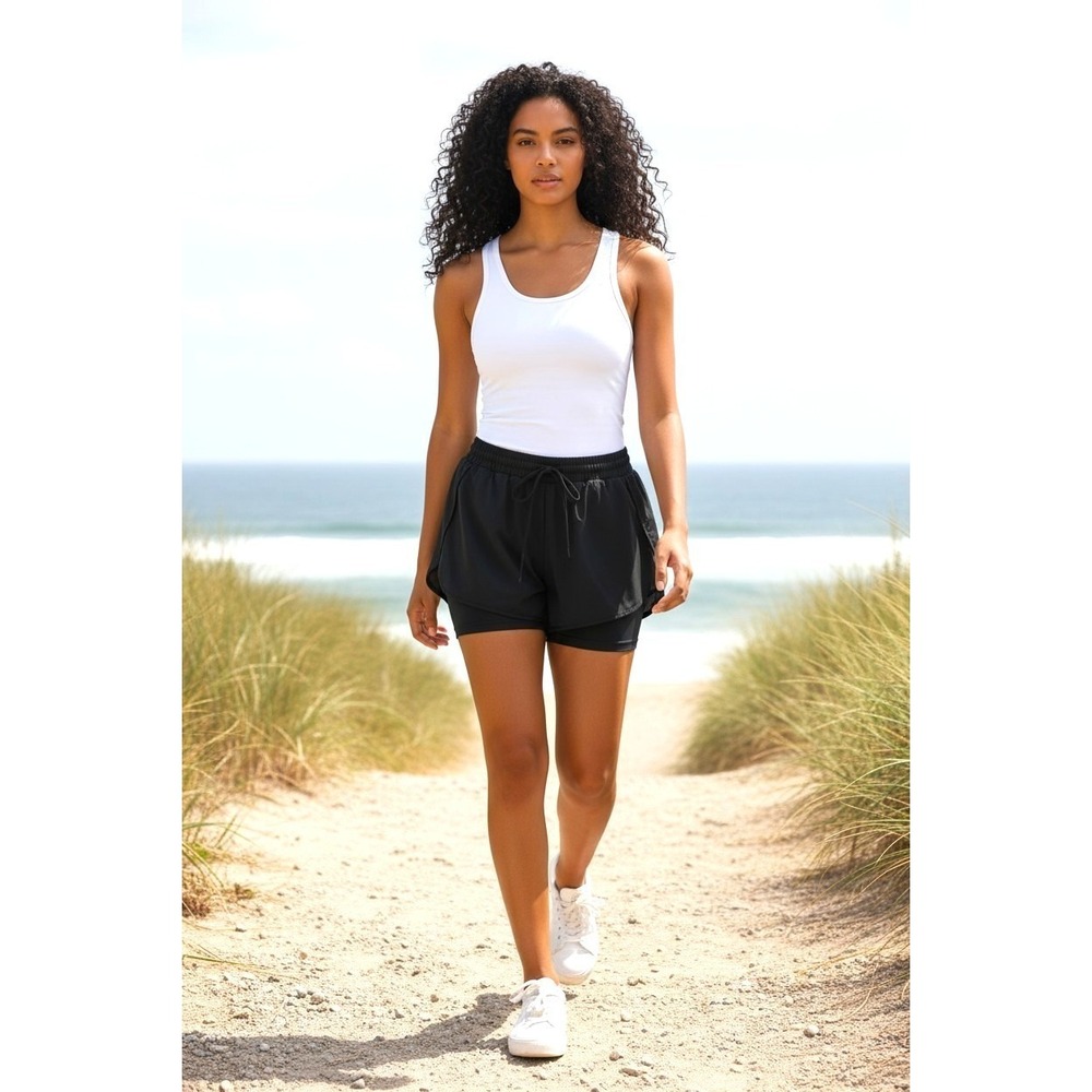 (F-178)Women's South Beach Black Athletic Shorts Size S Layered Running Gym Acti